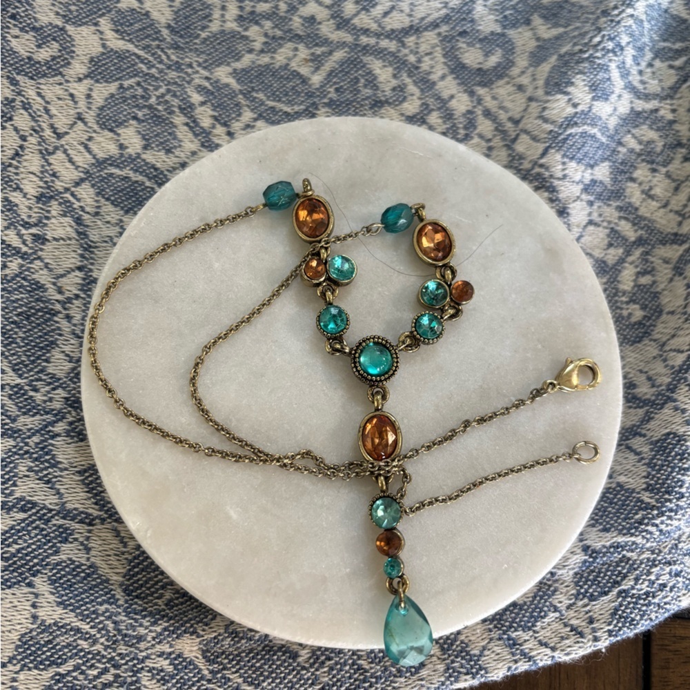 Vintage-Inspired Teal and Amber Drop Necklace